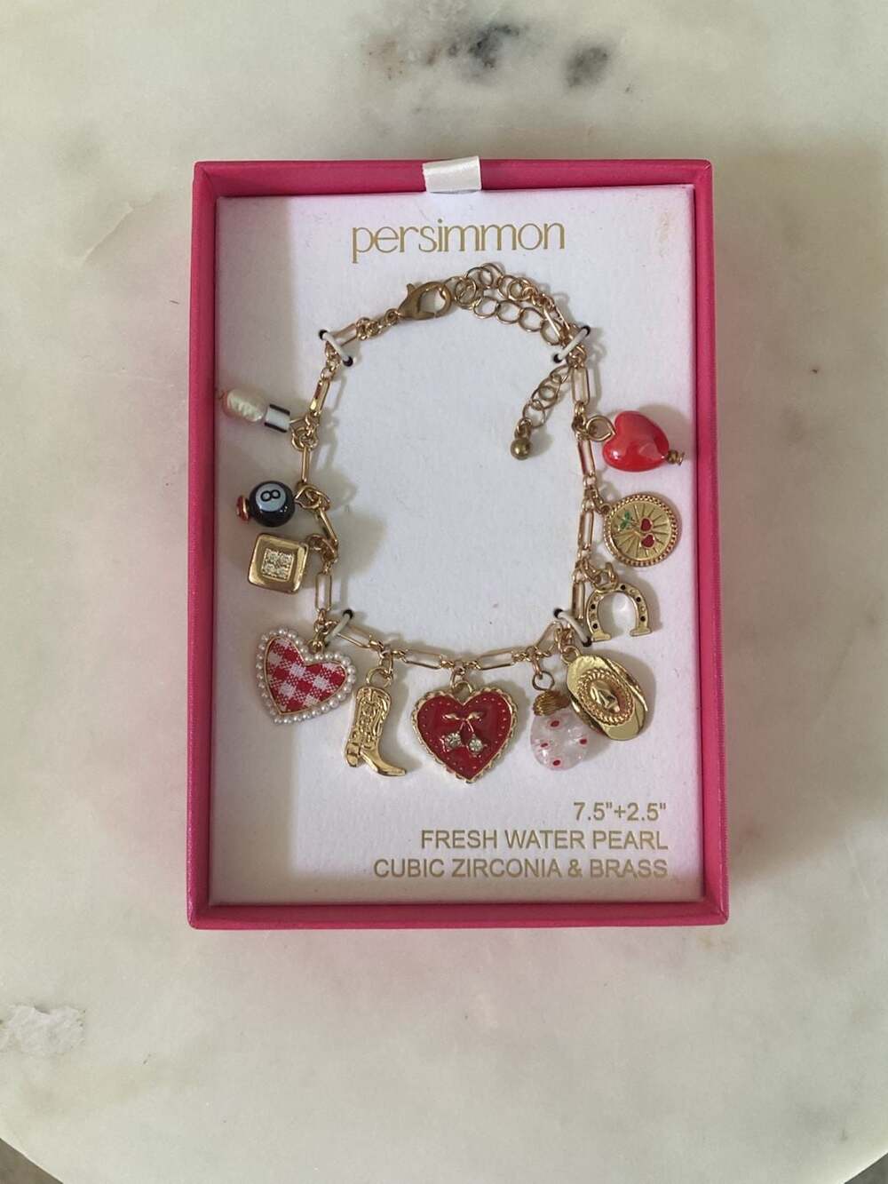 Persimmon Charm Bracelet Size 7.5"+2.5" Fresh Water Pearl Cubic Zirconia